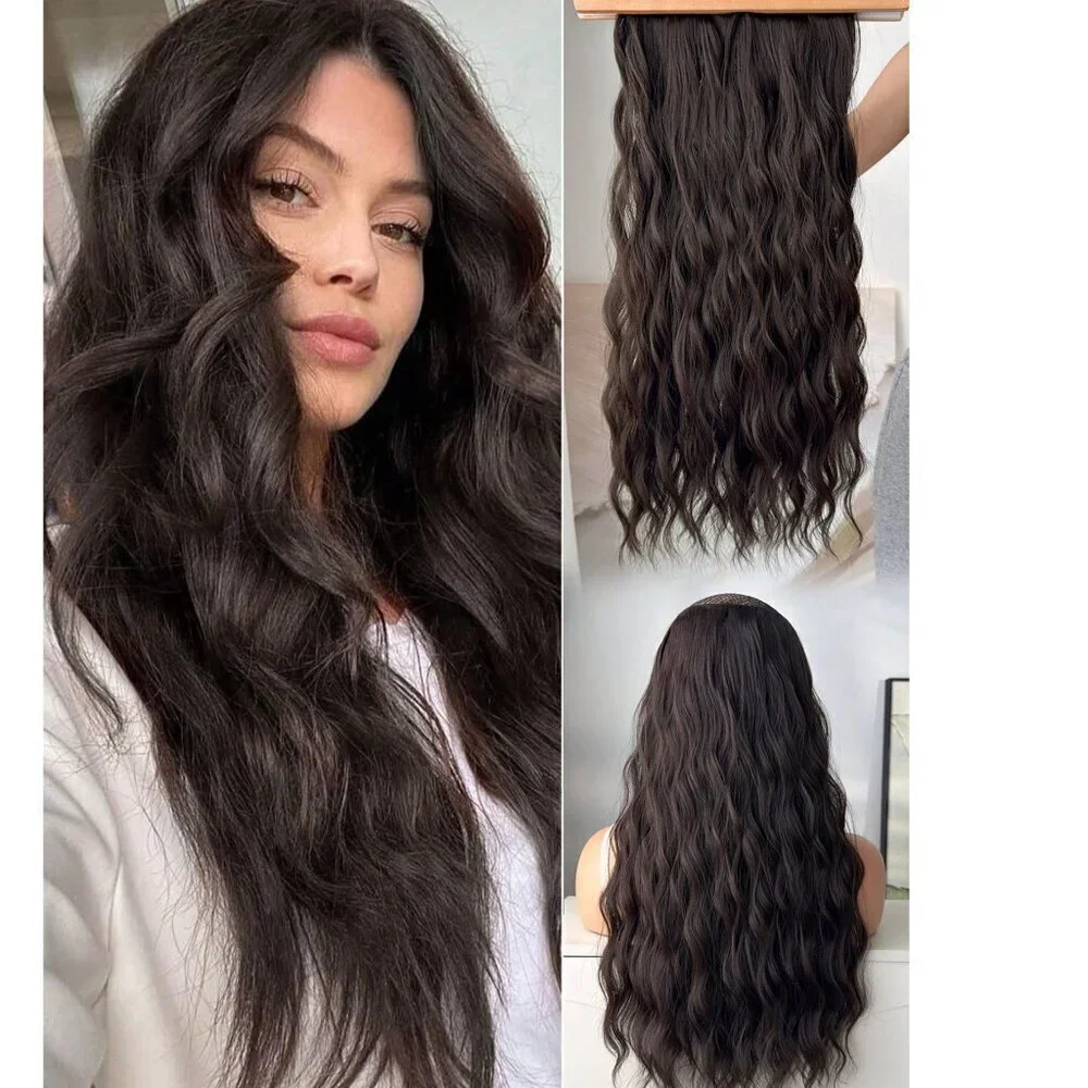 Dark Brown Water Wave Clip in Hair‎ Extensions - Human hair Blend